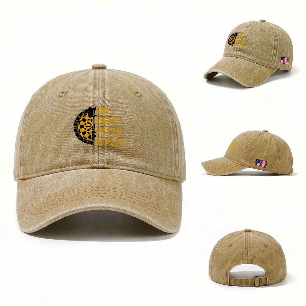 Funny Darts Retro Vintage Washed Cotton Baseball Cap Aim Shoot Swear Repeat Dartist Gift TS12 Washed Cap Universal Fit Khaki Print Your Wear