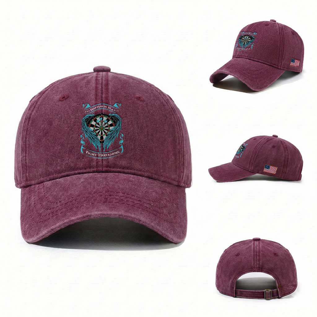Dart Player Sport Washed Cotton Baseball Cap Darts Happiness Is A Tight Threesome TS12 Washed Cap Universal Fit Burgundy Print Your Wear