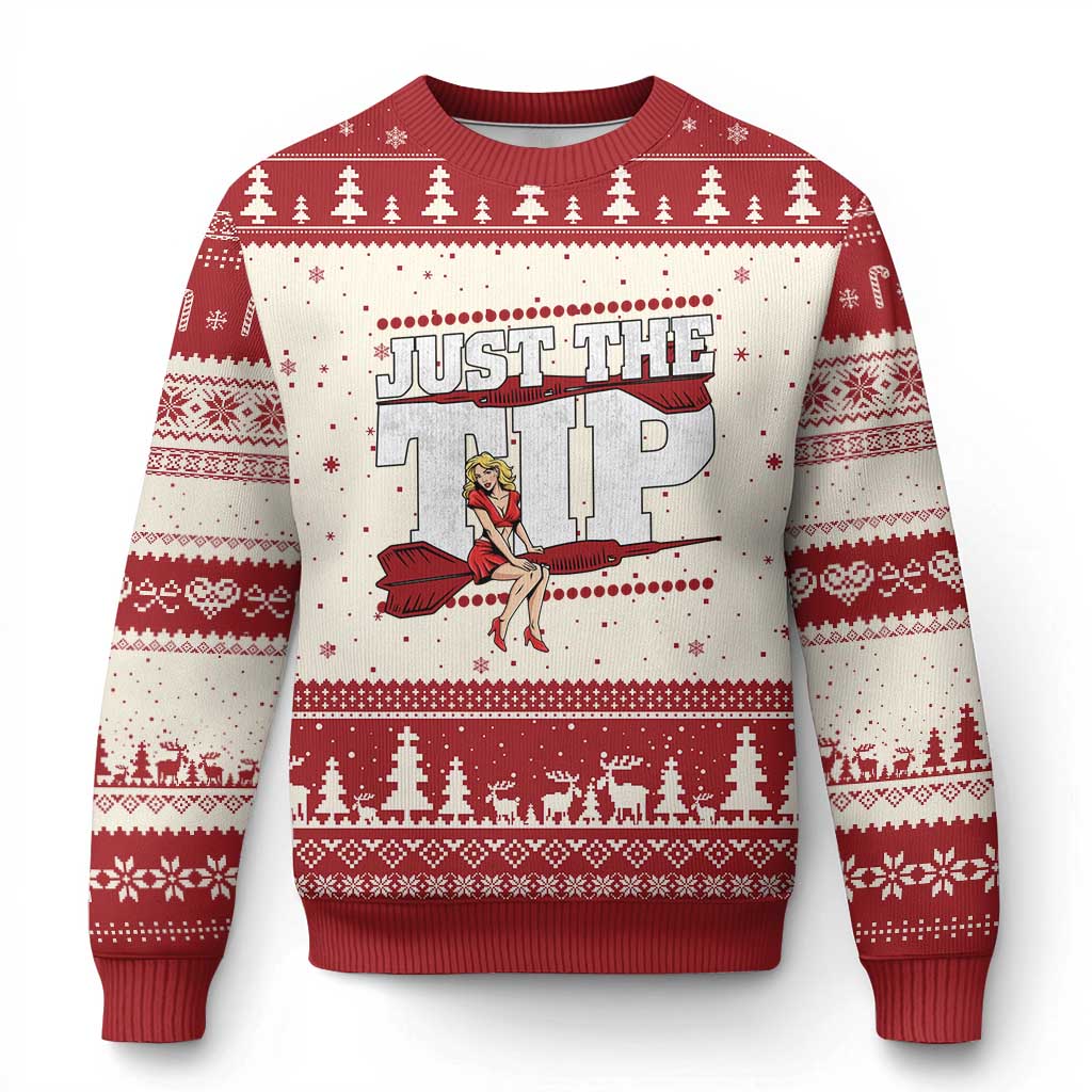 Funny Darts Player Gift Ugly Christmas Sweater Just The Tip TS12 Beige Red Print Your Wear