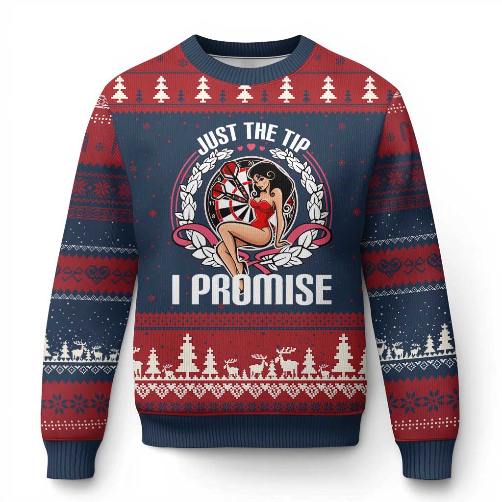 Just The Tip I Promise Ugly Christmas Sweater Funny Dart Player Quote For Pub Fans TS12 Navy Red Print Your Wear