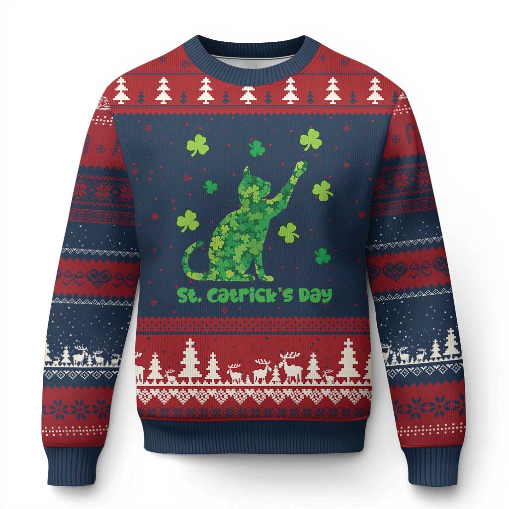 Funny St Catricks Day Ugly Christmas Sweater Lucky Shamrock Cat Saint Pattys TS12 Navy Red Print Your Wear