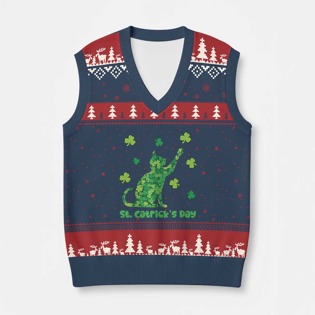 Funny St Catricks Day V-Neck Knit Sweater Vest Lucky Shamrock Cat Saint Pattys TS12 Navy Red Print Your Wear