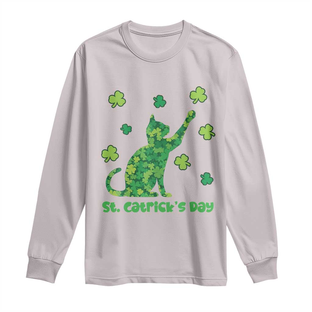 Funny St Catricks Day Long Sleeve Shirt Lucky Shamrock Cat Saint Pattys TS12 Ice Gray Print Your Wear