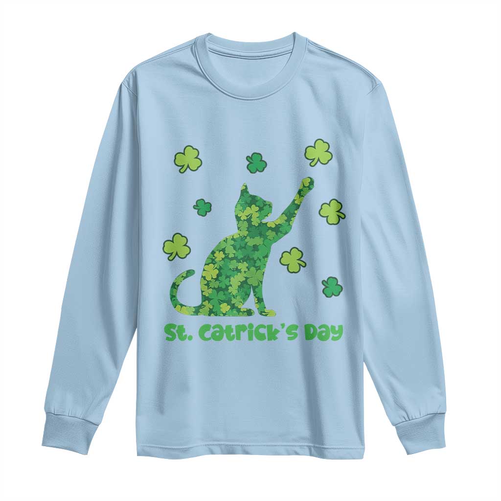 Funny St Catricks Day Long Sleeve Shirt Lucky Shamrock Cat Saint Pattys TS12 Light Blue Print Your Wear