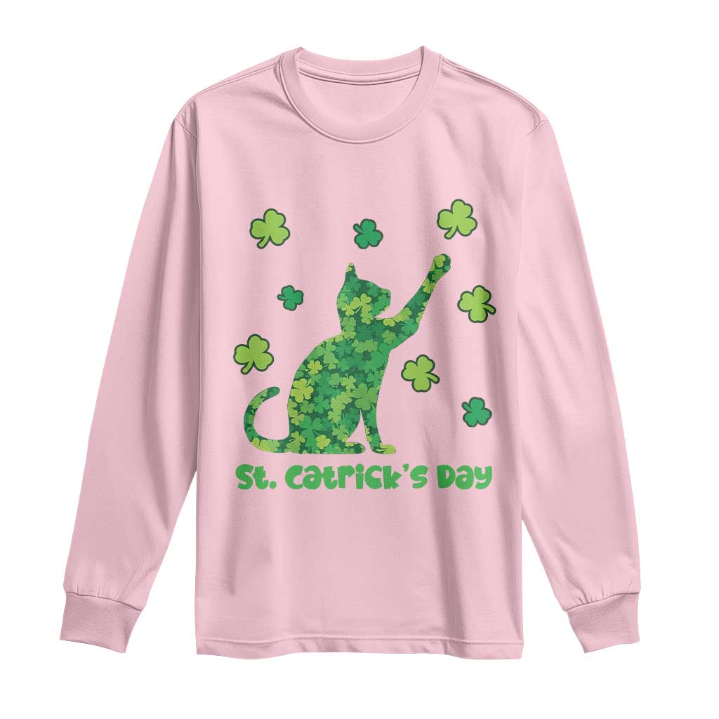 Funny St Catricks Day Long Sleeve Shirt Lucky Shamrock Cat Saint Pattys TS12 Light Pink Print Your Wear
