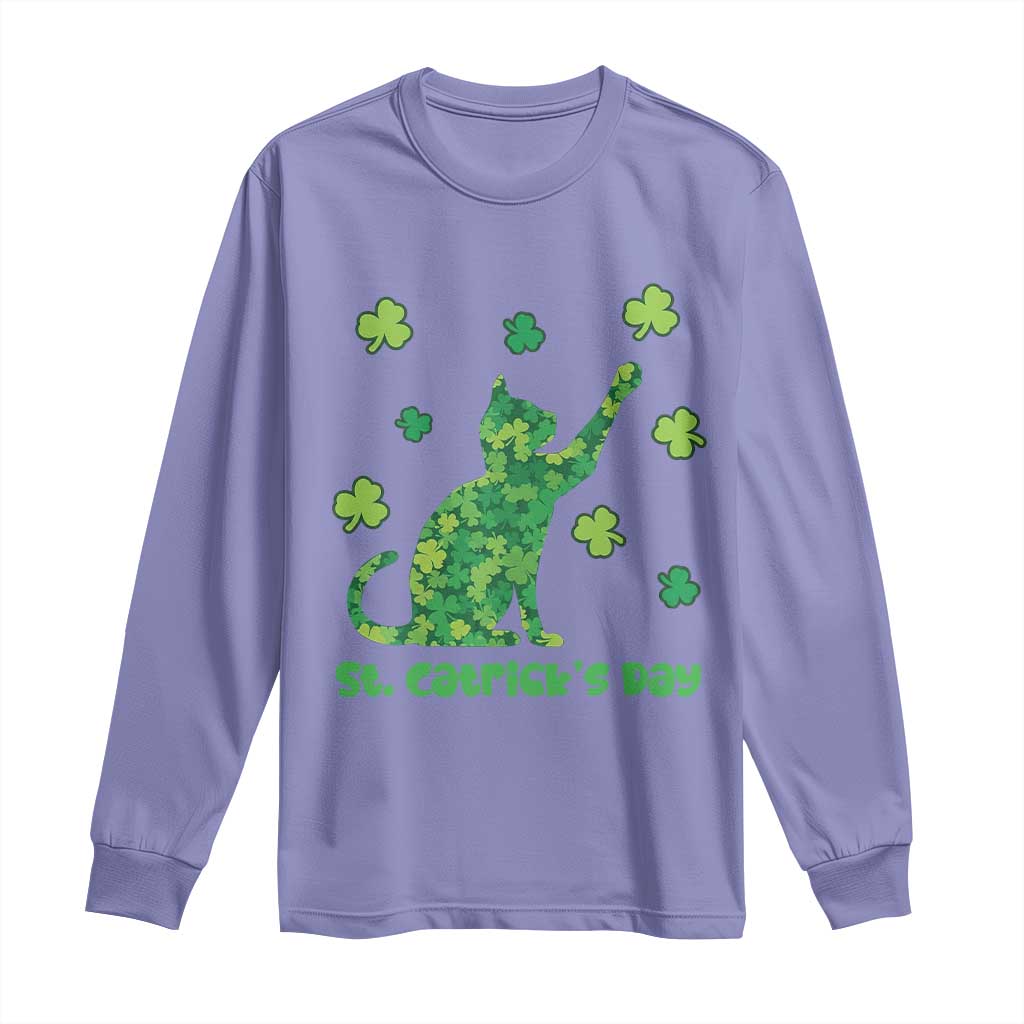 Funny St Catricks Day Long Sleeve Shirt Lucky Shamrock Cat Saint Pattys TS12 Violet Print Your Wear