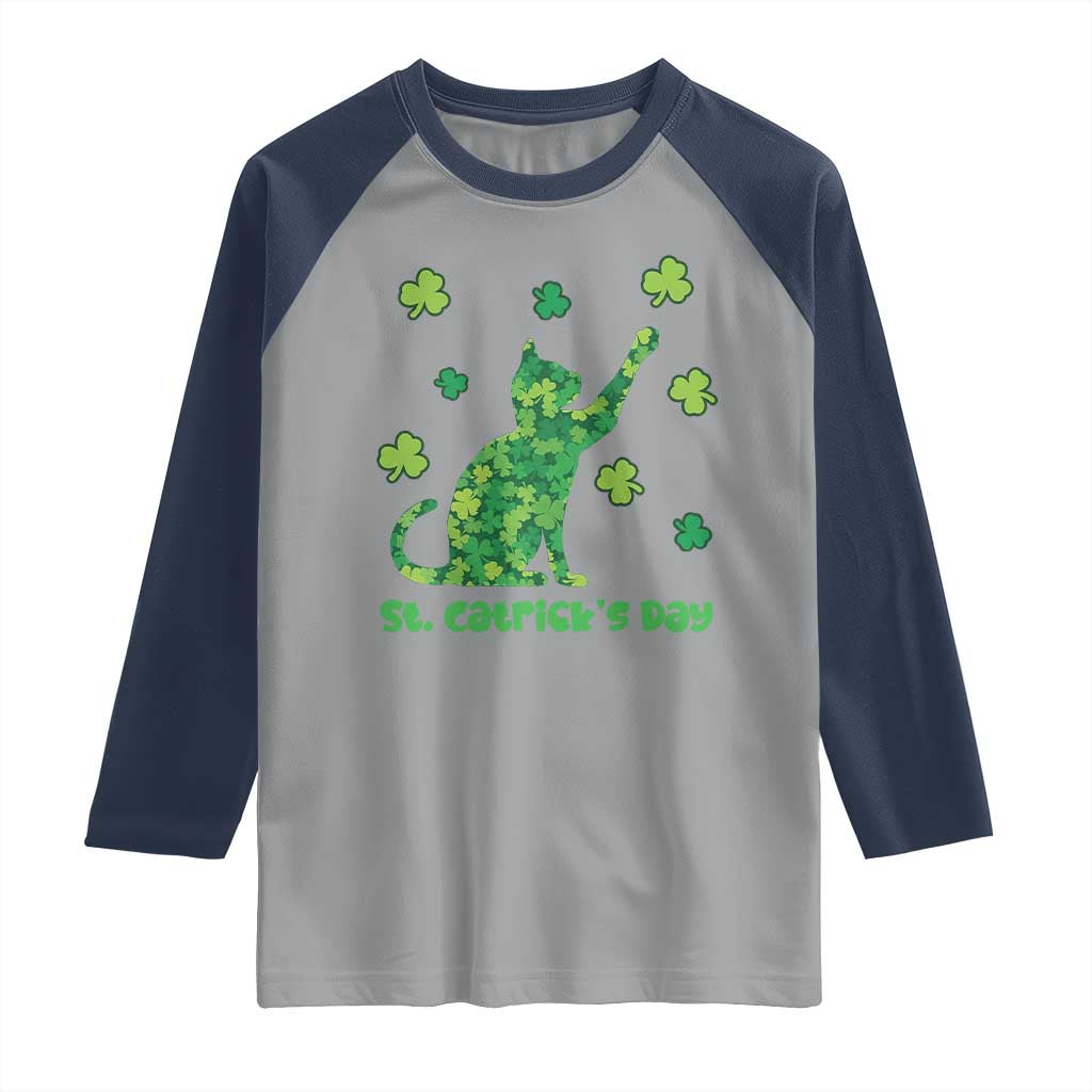 Funny St Catricks Day Raglan Shirt Lucky Shamrock Cat Saint Pattys TS12 Sport Gray Navy Print Your Wear