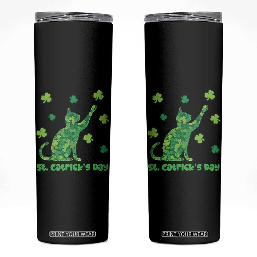 Funny St Catricks Day Skinny Tumbler Lucky Shamrock Cat Saint Pattys TS12 Black Print Your Wear