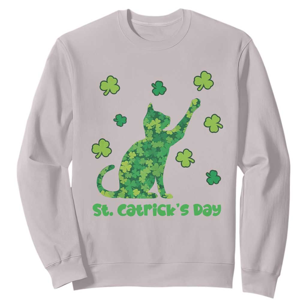 Funny St Catricks Day Sweatshirt Lucky Shamrock Cat Saint Pattys TS12 Ice Gray Print Your Wear