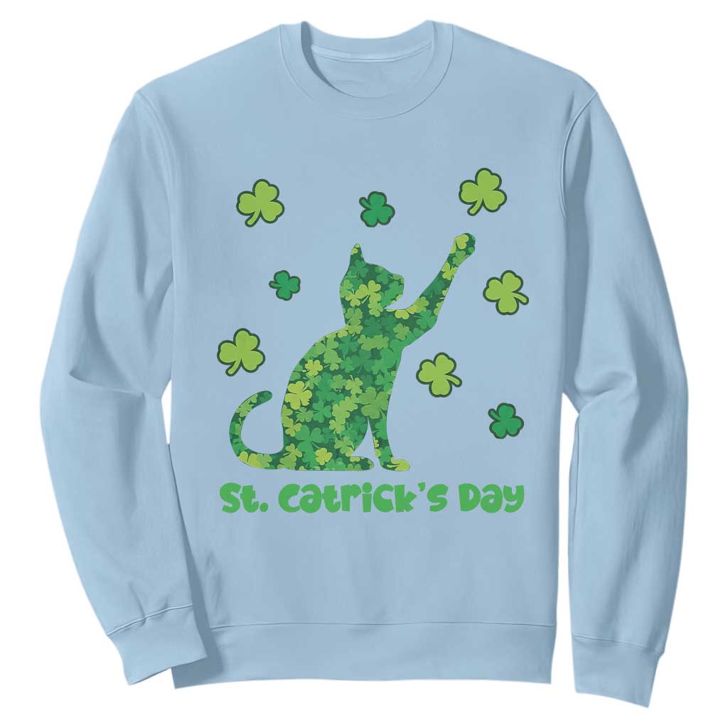 Funny St Catricks Day Sweatshirt Lucky Shamrock Cat Saint Pattys TS12 Light Blue Print Your Wear