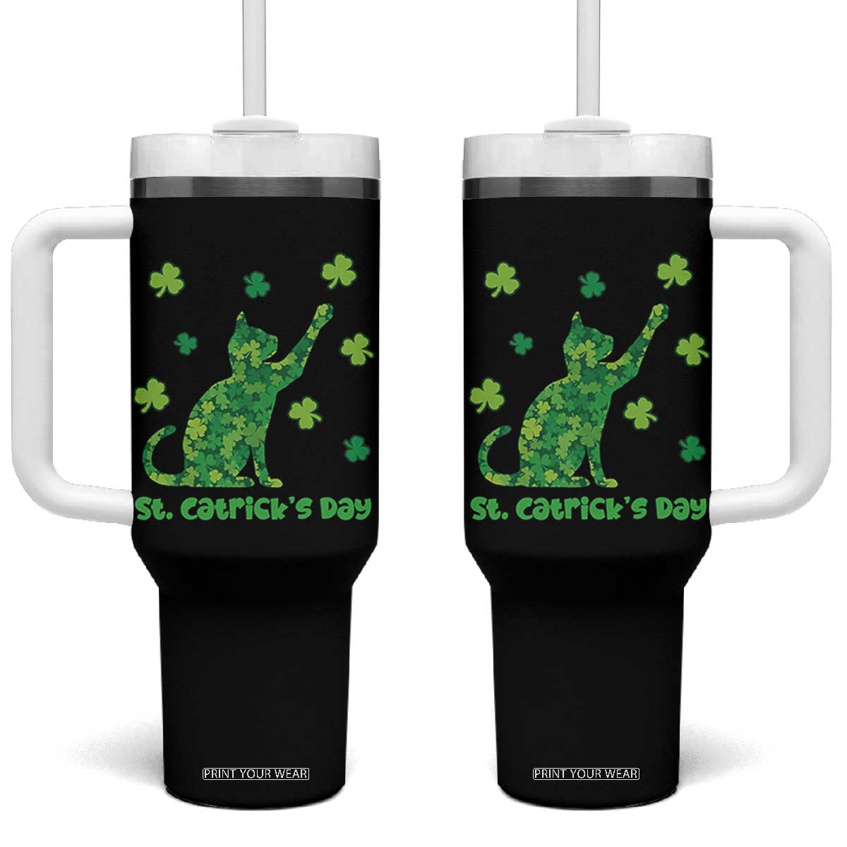 Funny St Catricks Day Tumbler With Handle Lucky Shamrock Cat Saint Pattys TS12 One Size: 40 oz Black Print Your Wear