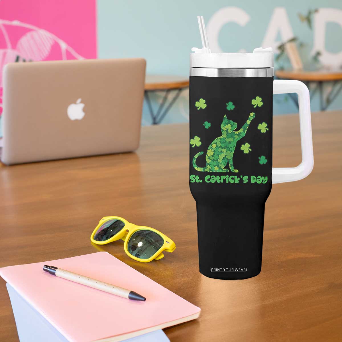 Funny St Catricks Day Tumbler With Handle Lucky Shamrock Cat Saint Pattys TS12 Print Your Wear