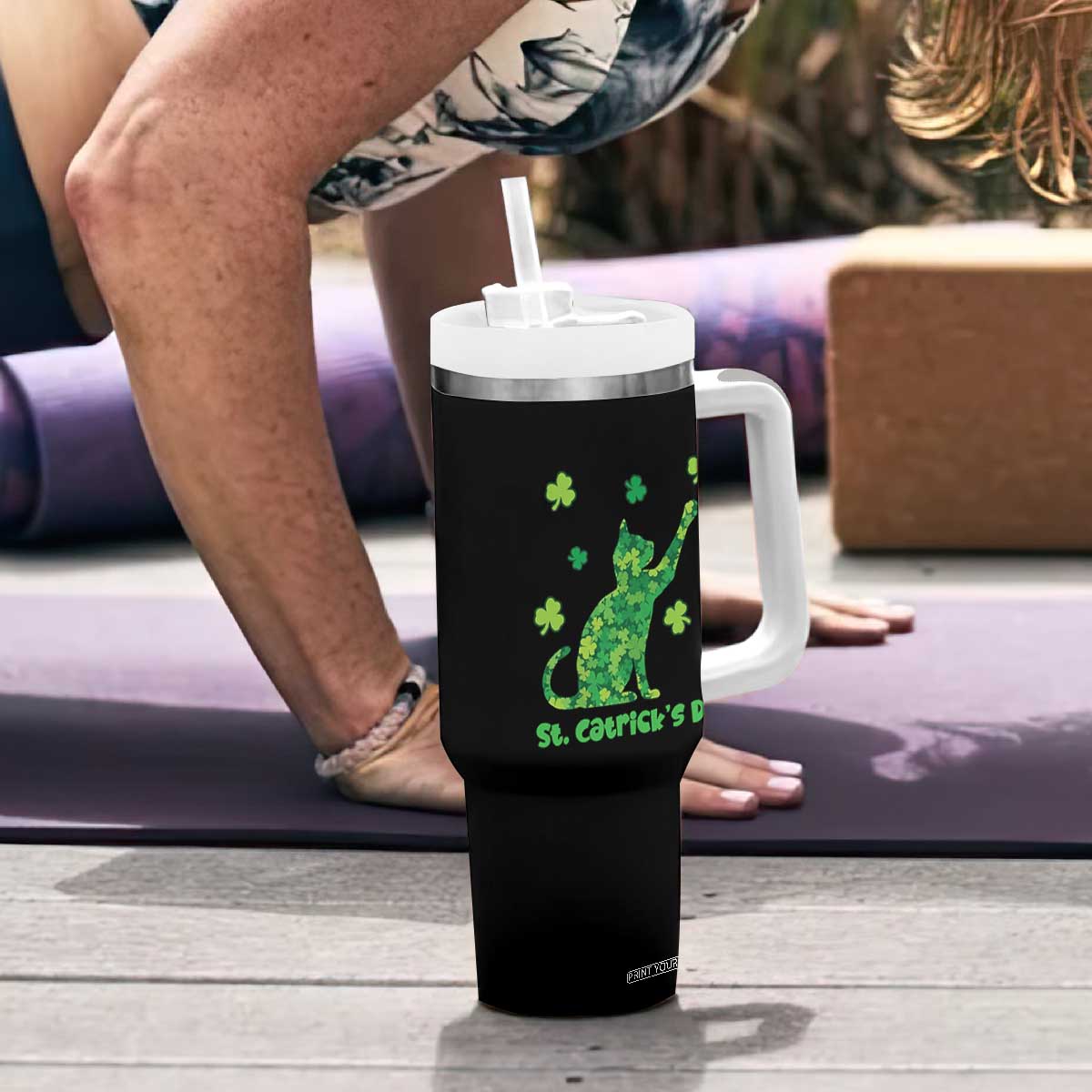 Funny St Catricks Day Tumbler With Handle Lucky Shamrock Cat Saint Pattys TS12 Print Your Wear