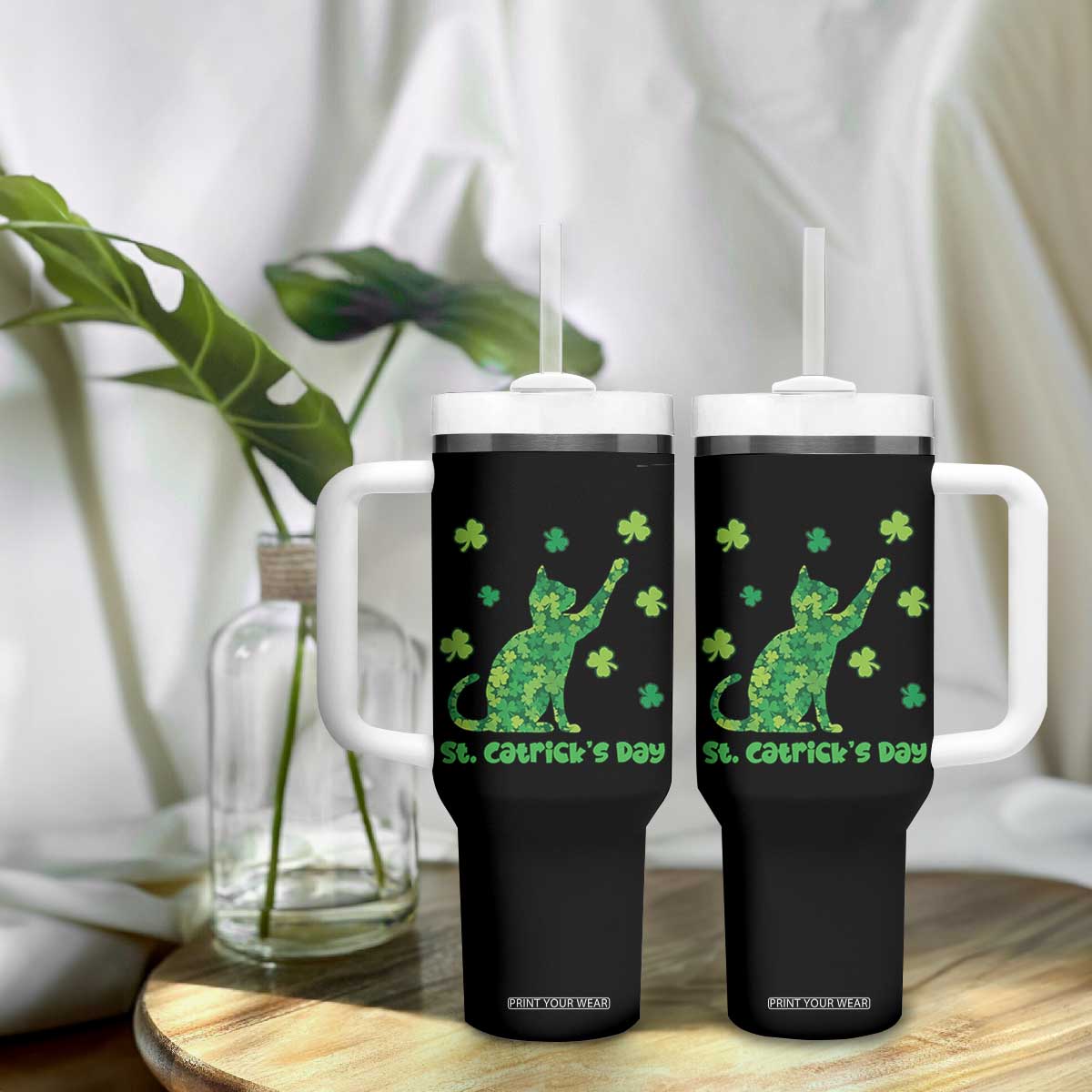 Funny St Catricks Day Tumbler With Handle Lucky Shamrock Cat Saint Pattys TS12 Print Your Wear