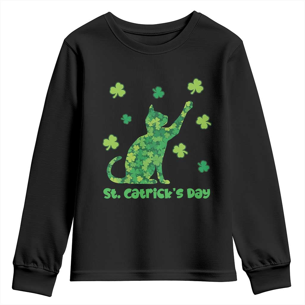 Funny St Catricks Day Youth Sweatshirt Lucky Shamrock Cat Saint Pattys TS12 Black Print Your Wear
