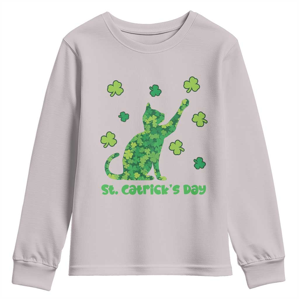 Funny St Catricks Day Youth Sweatshirt Lucky Shamrock Cat Saint Pattys TS12 Ice Gray Print Your Wear