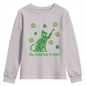 Funny St Catricks Day Youth Sweatshirt Lucky Shamrock Cat Saint Pattys TS12 Ice Gray Print Your Wear