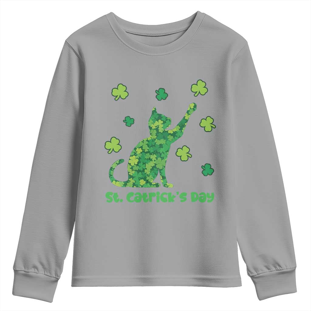 Funny St Catricks Day Youth Sweatshirt Lucky Shamrock Cat Saint Pattys TS12 Sport Gray Print Your Wear