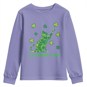 Funny St Catricks Day Youth Sweatshirt Lucky Shamrock Cat Saint Pattys TS12 Violet Print Your Wear