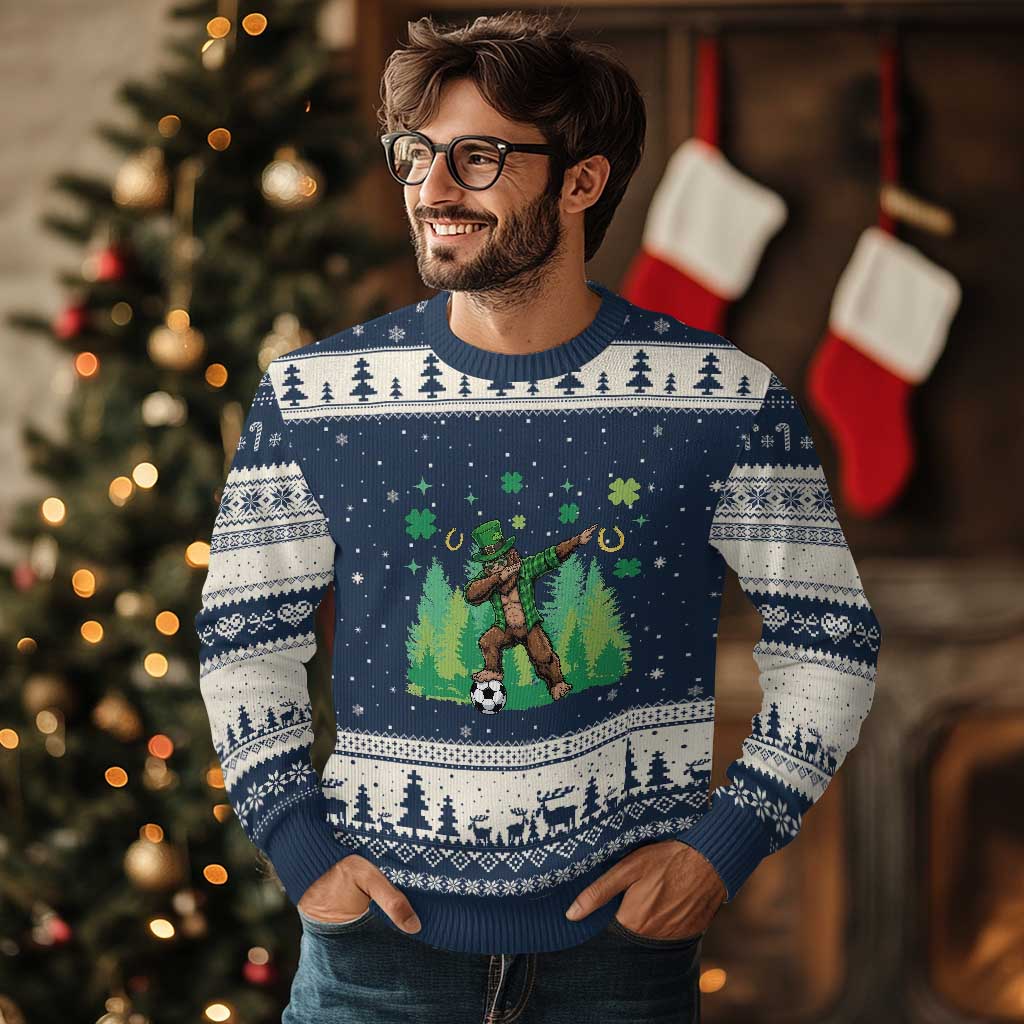 Lucky Sasquatch Soccer Player Ugly Christmas Sweater Funny St Patricks Day Gift TS12 Navy Beige Print Your Wear