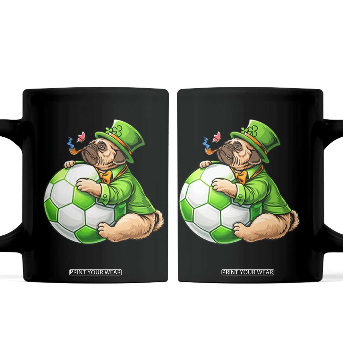 Lucky Pug Soccer Lover Coffee Mug St Paddys Day Irish Football Gift TS12 Black Print Your Wear