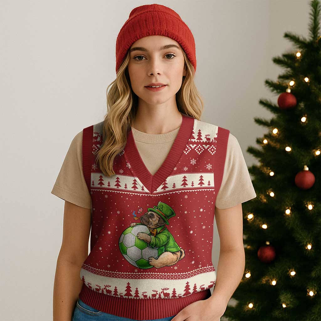 Lucky Pug Soccer Lover V-Neck Knit Sweater Vest St Paddys Day Irish Football Gift TS12 Red Beige Print Your Wear