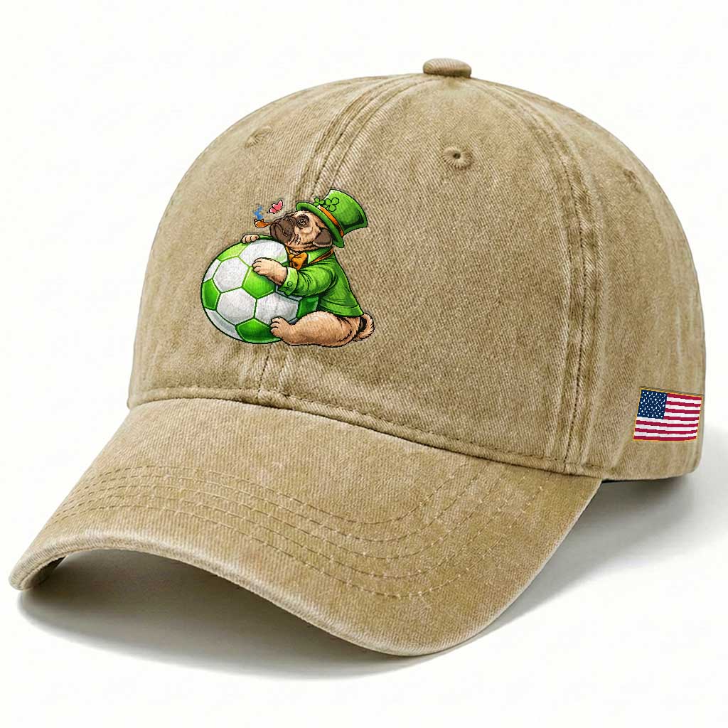Lucky Pug Soccer Lover Washed Cotton Baseball Cap St Paddys Day Irish Football Gift TS12 Print Your Wear