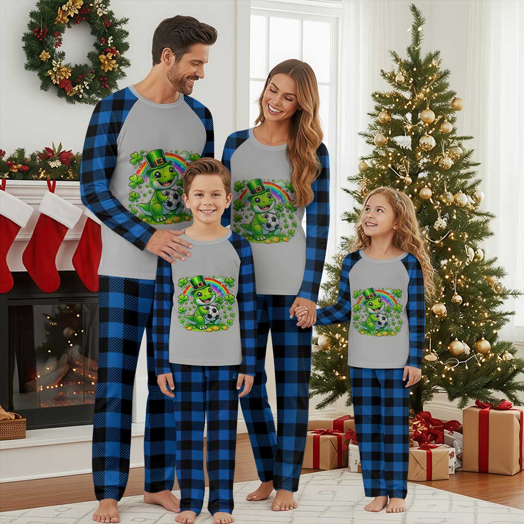 Cute Dinosaur Soccer Player Plaid Pajama Set St Patricks Day Dino Lover TS12 Blue Plaid Print Your Wear
