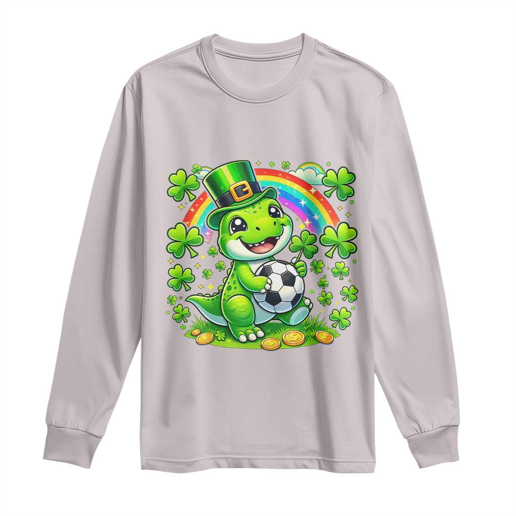 Cute Dinosaur Soccer Player Long Sleeve Shirt St Patricks Day Dino Lover TS12 Ice Gray Print Your Wear