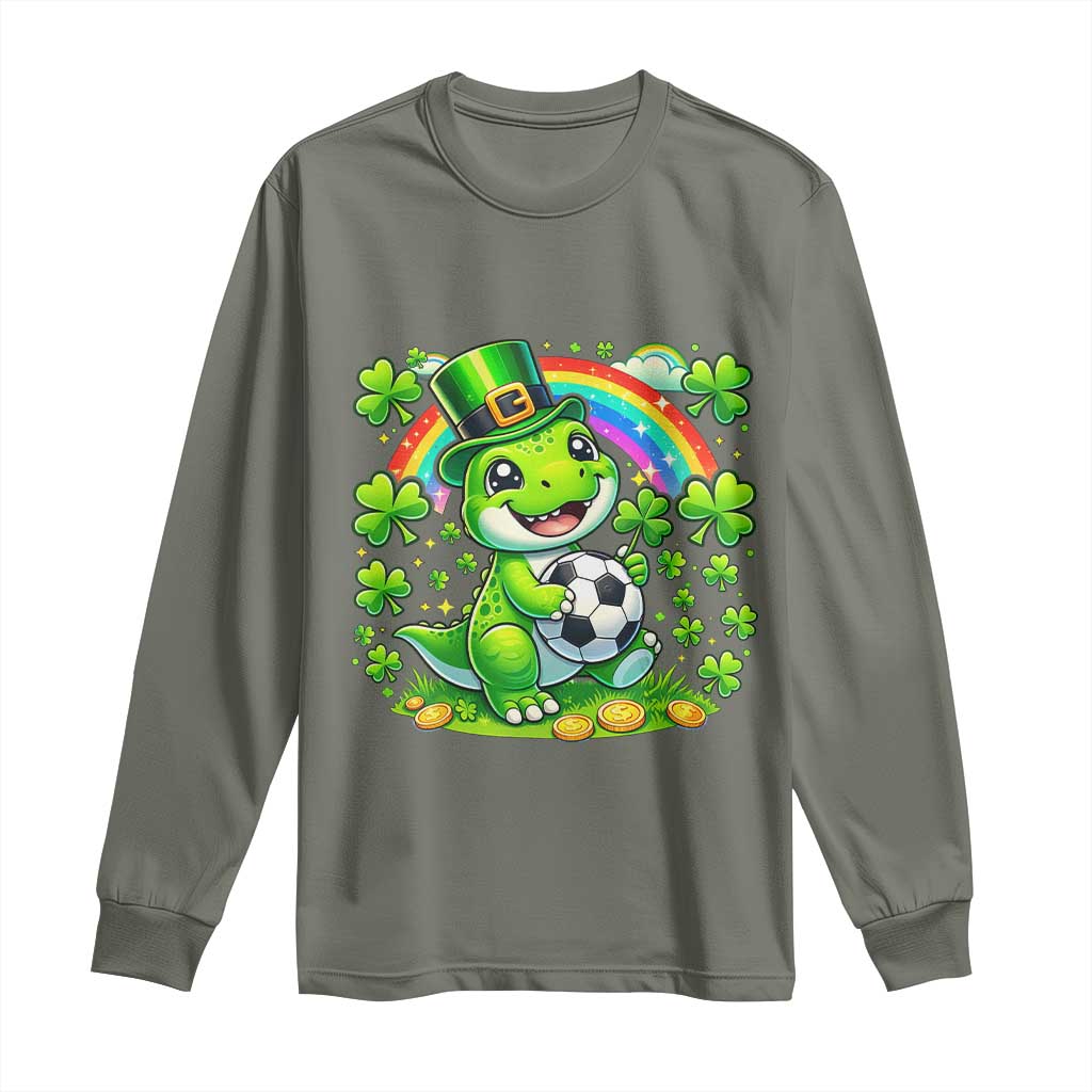 Cute Dinosaur Soccer Player Long Sleeve Shirt St Patricks Day Dino Lover TS12 Military Green Print Your Wear