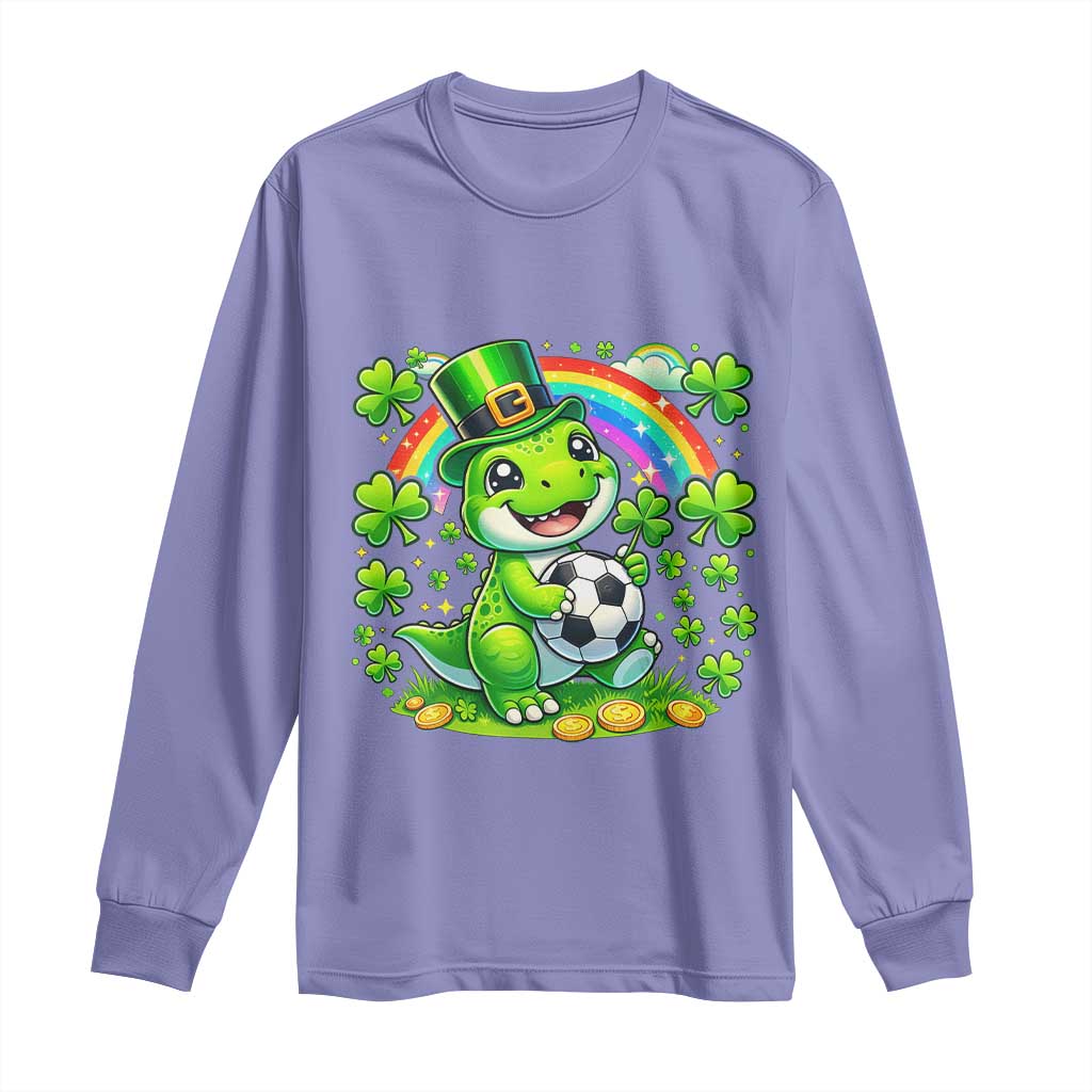 Cute Dinosaur Soccer Player Long Sleeve Shirt St Patricks Day Dino Lover TS12 Violet Print Your Wear