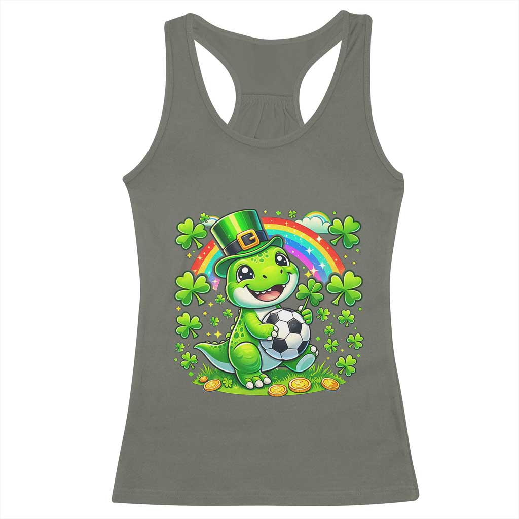 Cute Dinosaur Soccer Player Racerback Tank Top St Patricks Day Dino Lover TS12 Military Green Print Your Wear