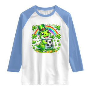 Cute Dinosaur Soccer Player Raglan Shirt St Patricks Day Dino Lover TS12 White Carolina Blue Print Your Wear