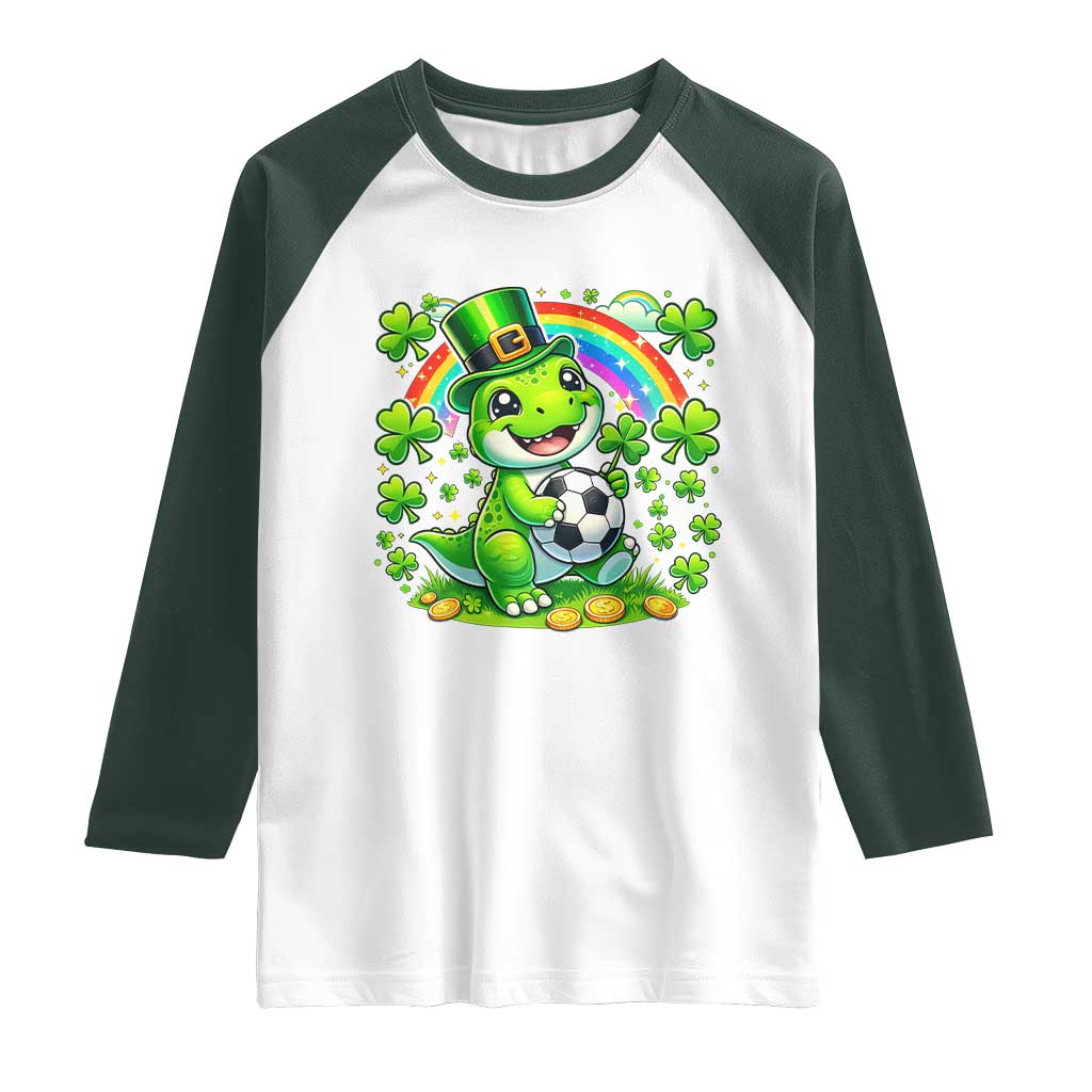 Cute Dinosaur Soccer Player Raglan Shirt St Patricks Day Dino Lover TS12 White Dark Forest Green Print Your Wear