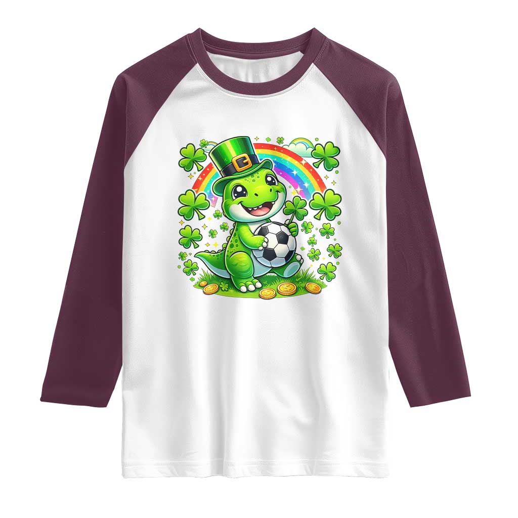 Cute Dinosaur Soccer Player Raglan Shirt St Patricks Day Dino Lover TS12 White Maroon Print Your Wear