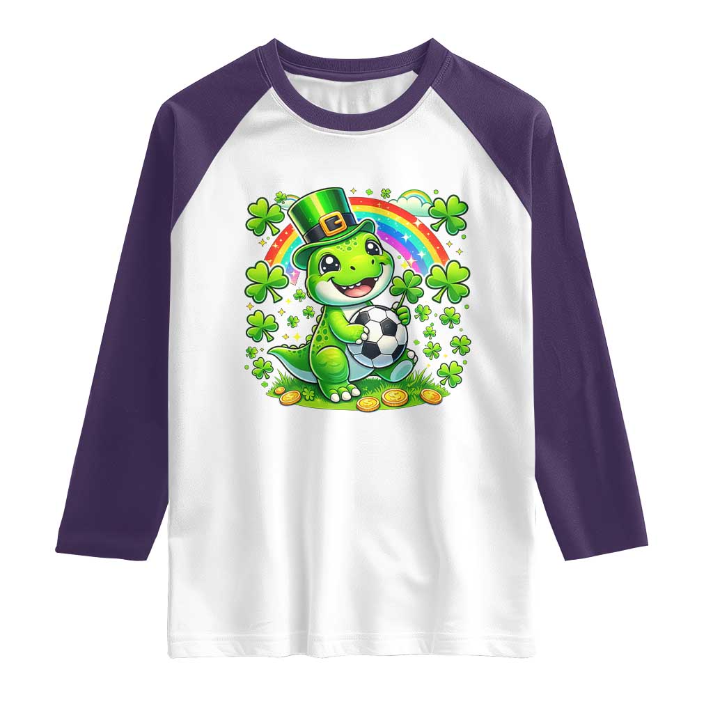 Cute Dinosaur Soccer Player Raglan Shirt St Patricks Day Dino Lover TS12 White Purple Print Your Wear