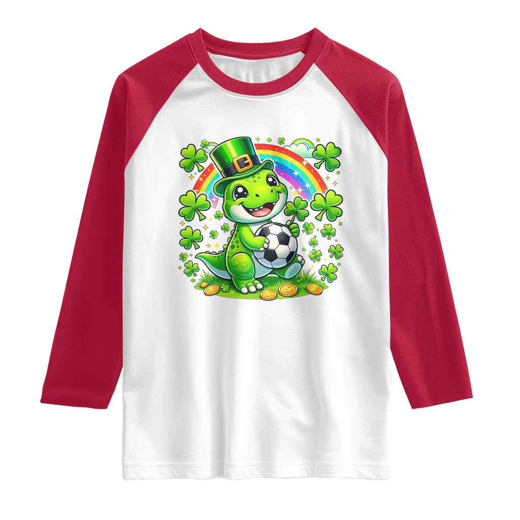 Cute Dinosaur Soccer Player Raglan Shirt St Patricks Day Dino Lover TS12 White Red Print Your Wear