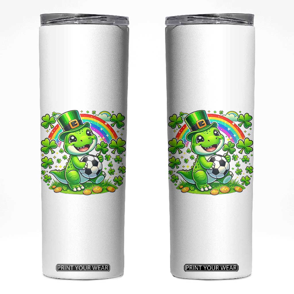 Cute Dinosaur Soccer Player Skinny Tumbler St Patricks Day Dino Lover TS12 White Print Your Wear