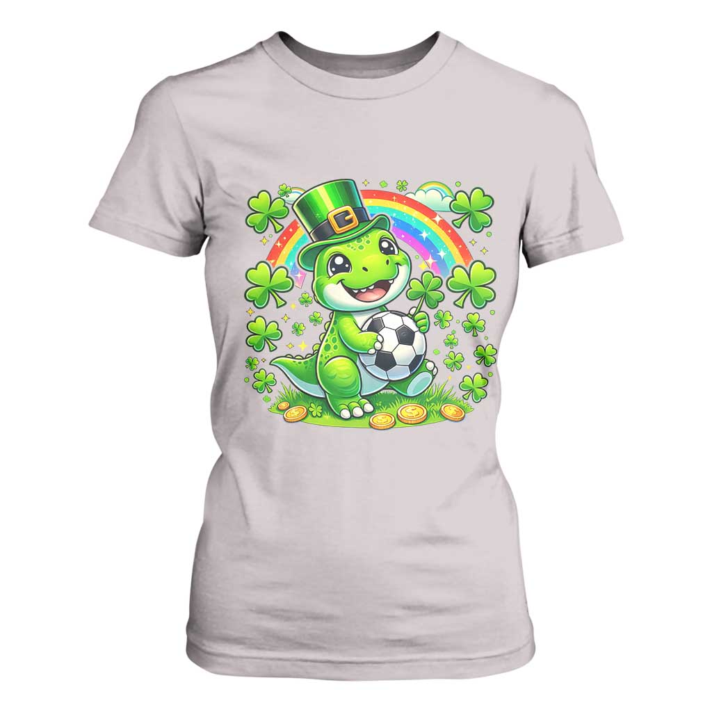 Cute Dinosaur Soccer Player T Shirt For Women St Patricks Day Dino Lover TS12 Ice Gray Print Your Wear