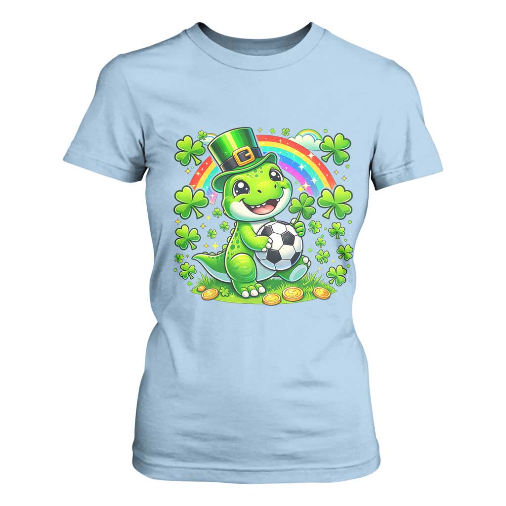 Cute Dinosaur Soccer Player T Shirt For Women St Patricks Day Dino Lover TS12 Light Blue Print Your Wear