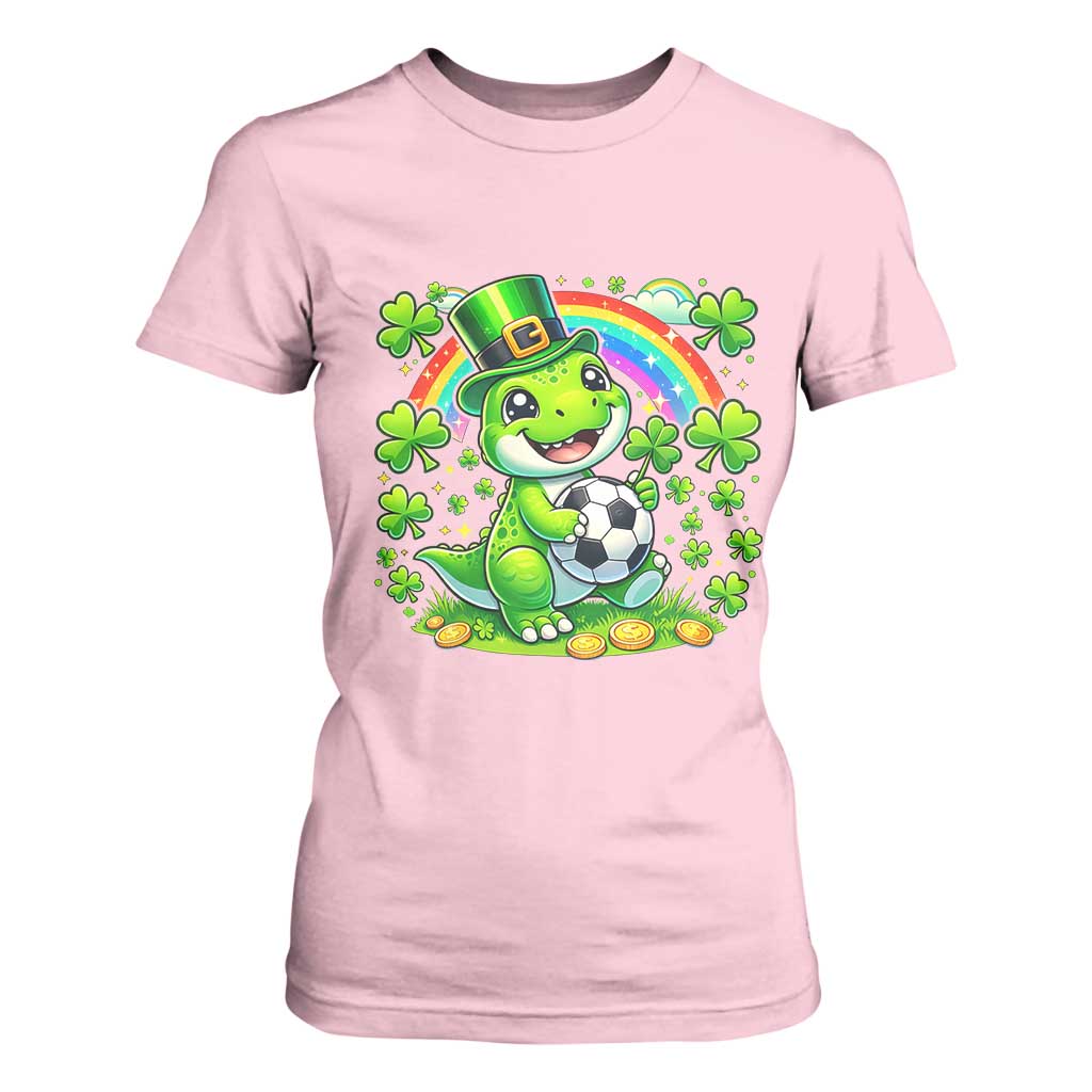 Cute Dinosaur Soccer Player T Shirt For Women St Patricks Day Dino Lover TS12 Light Pink Print Your Wear