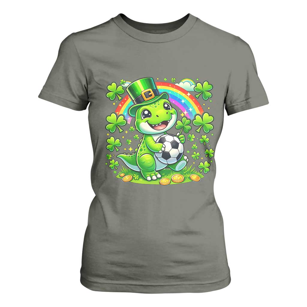 Cute Dinosaur Soccer Player T Shirt For Women St Patricks Day Dino Lover TS12 Military Green Print Your Wear