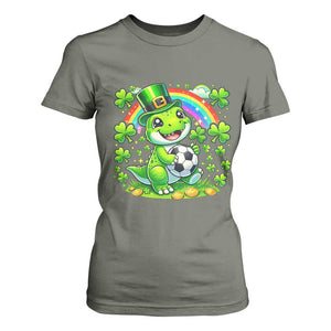 Cute Dinosaur Soccer Player T Shirt For Women St Patricks Day Dino Lover TS12 Military Green Print Your Wear