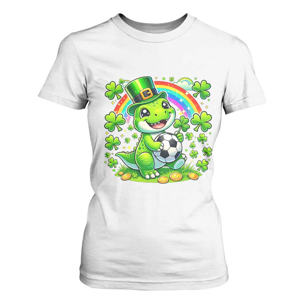 Cute Dinosaur Soccer Player T Shirt For Women St Patricks Day Dino Lover TS12 White Print Your Wear