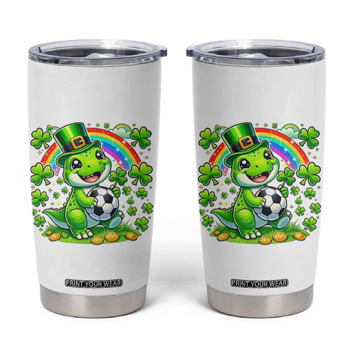 Cute Dinosaur Soccer Player Tumbler Cup St Patricks Day Dino Lover TS12 White Print Your Wear
