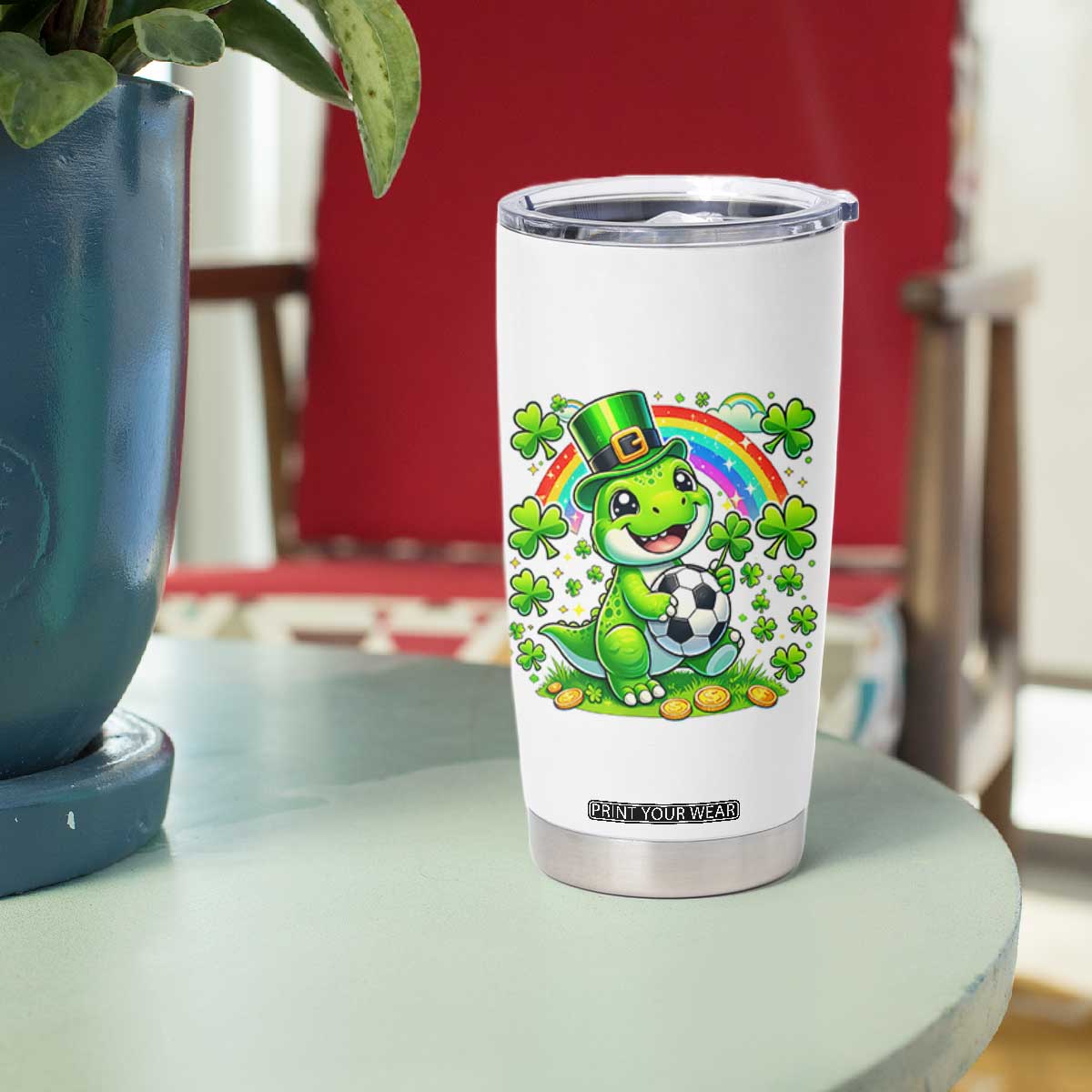 Cute Dinosaur Soccer Player Tumbler Cup St Patricks Day Dino Lover TS12 Print Your Wear