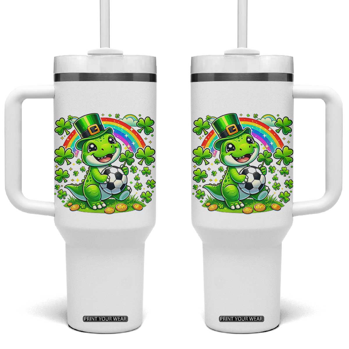 Cute Dinosaur Soccer Player Tumbler With Handle St Patricks Day Dino Lover TS12 One Size: 40 oz White Print Your Wear