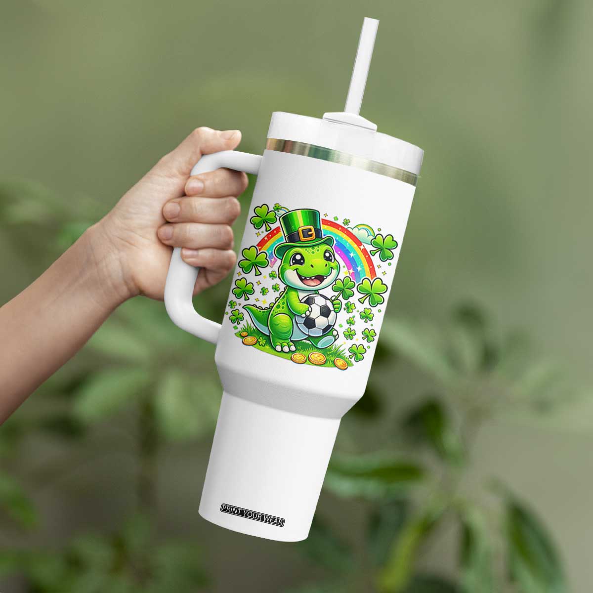 Cute Dinosaur Soccer Player Tumbler With Handle St Patricks Day Dino Lover TS12 Print Your Wear
