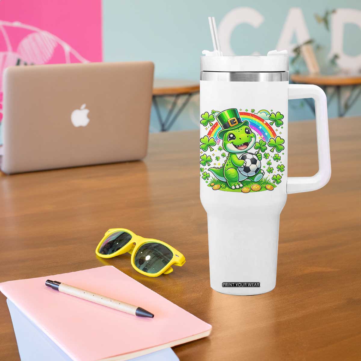 Cute Dinosaur Soccer Player Tumbler With Handle St Patricks Day Dino Lover TS12 Print Your Wear