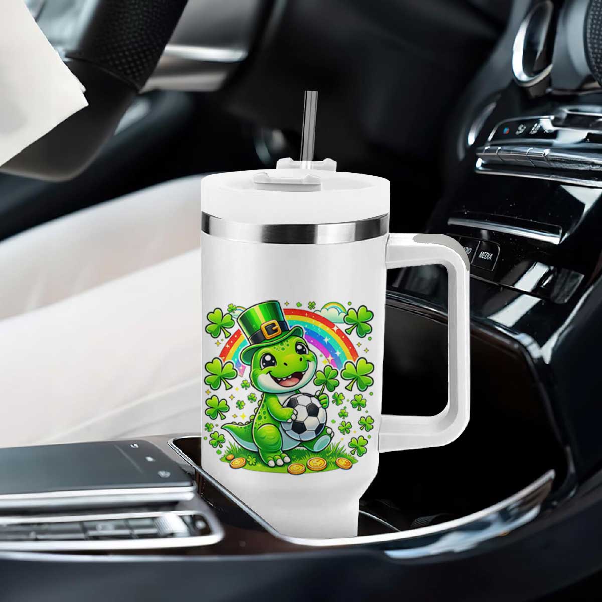 Cute Dinosaur Soccer Player Tumbler With Handle St Patricks Day Dino Lover TS12 Print Your Wear